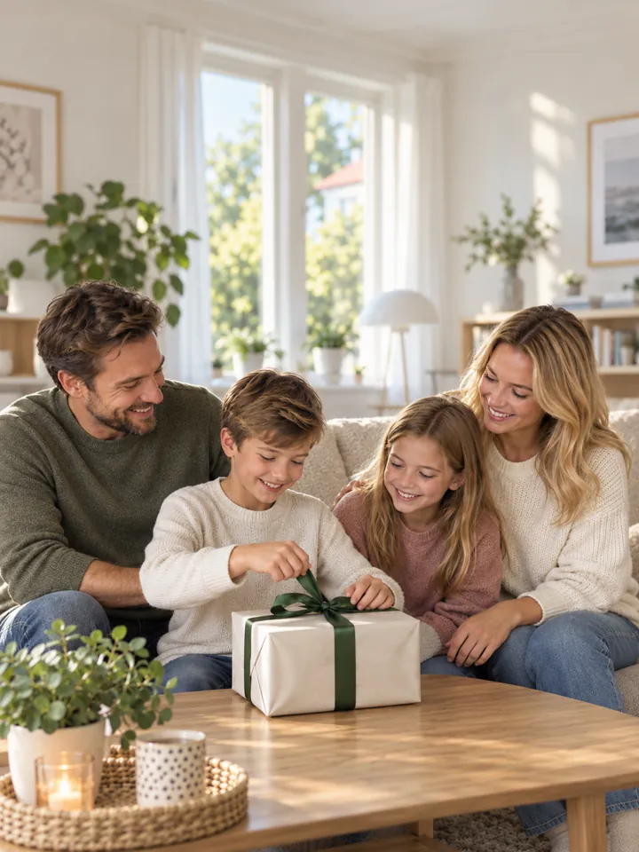 Glad familj öppnar en present – familjeabonnemang och gåvor hos Nymobil