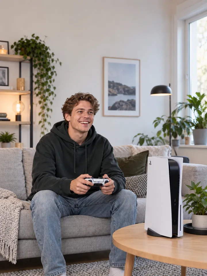 Glad ung man med PlayStation 5 – mobilabonnemang och kampanjgåvor hos Nymobil