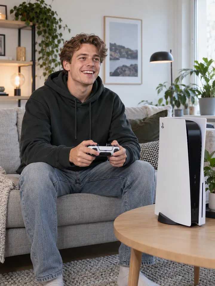 Glad ung man med PlayStation 5 – mobilabonnemang och kampanjgåvor hos Nymobil