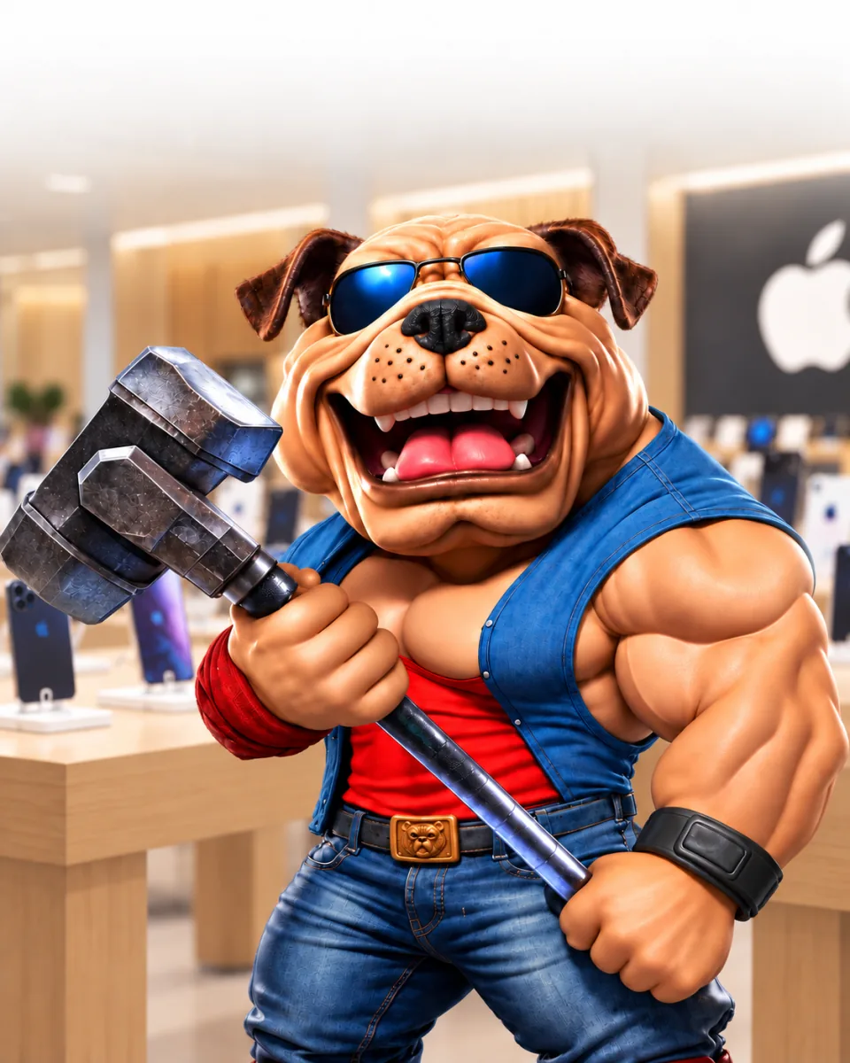 Bulldog med hammare i en Apple-butik – skärmskydd för iPhone