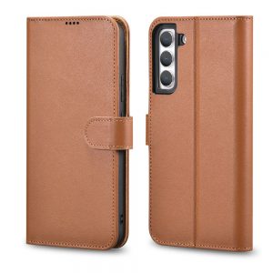 ICarer Haitang Leather Wallet Case Leather Case for Samsung Galaxy S22 + (S22 Plus) Wallet Housing Cover Brown (AKSM05BN)