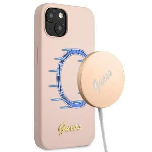 Guess iPhone 13 6.1" light pink/light pink hardcase Silicone Script Gold Logo Magsafe