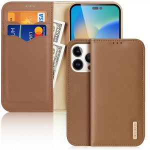 Dux Ducis Hivo Läder Flip Cover Plånbok i äkta läder för kort och dokument iPhone 14 Pro Brown