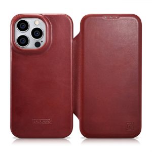 ICarer CE Oil Wax Premium Leather Folio Case Läderfodral för iPhone 14 Pro Flip Magnetic MagSafe Red