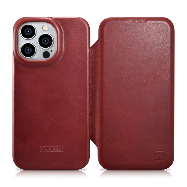 ICarer CE Oil Wax Premium Leather Folio Case Läderfodral för iPhone 14 Pro Flip Magnetic MagSafe Red