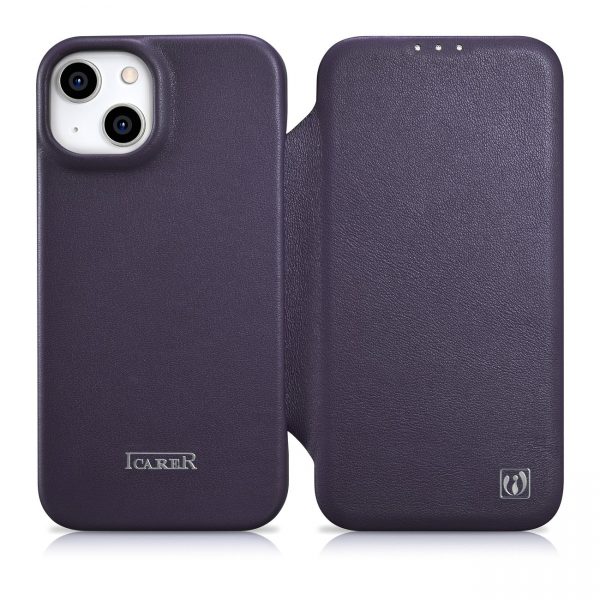 ICarer CE Premium Läder Foliofodral iPhone 14 Plus Flip Magnetic MagSafe Läderfodral Mörklila