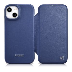 ICarer CE Premium Leather Folio Case för iPhone 14 Plus Flip Magnetic MagSafe Blue