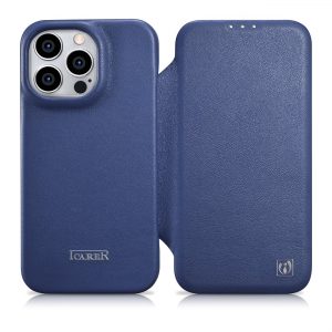 ICarer CE Premium Leather Folio Case för iPhone 14 Pro Max Flip Magnetic MagSafe Blue