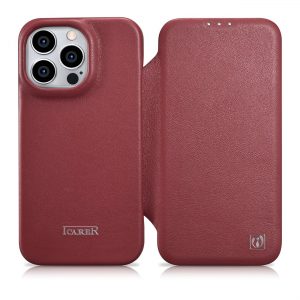 ICarer CE Premium Leather Folio Case för iPhone 14 Pro Max Flip Magnetic MagSafe Röd