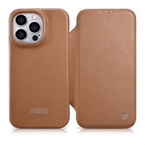 ICarer CE Premium Leather Folio Case iPhone 14 Pro Max Flip Magnetic MagSafe Läderfodral Brun