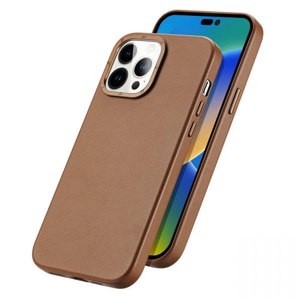 Dux Ducis Grit Leather Case for iPhone 14 Pro Max Elegant Faux Leather Cover (MagSafe Compatible) Brown