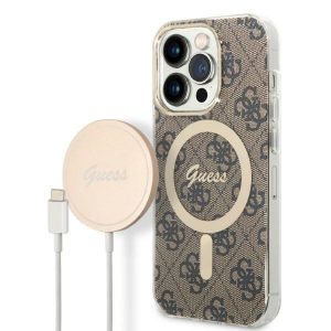 Set Guess Case+ Charger iPhone 14 Pro Max 6.7″ brown/brown hard case 4G Print MagSafe