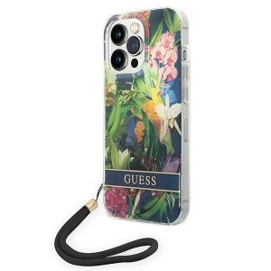 Guess iPhone 14 Pro Max 6.7 "blue / blue hardcase Flower Strap