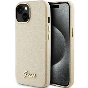 Guess Glitter Glossy Script case for iPhone 15 – gold