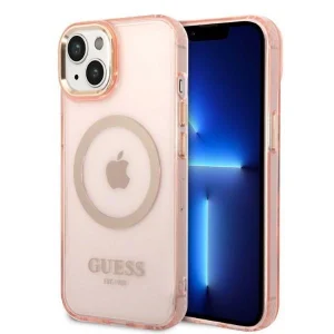 Guess iPhone 14 6.1" pink/pink hard case Gold Outline Translucent MagSafe