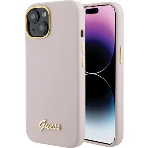 Guess Silicone Script Metal Logo & Frame case for iPhone 15 – pink