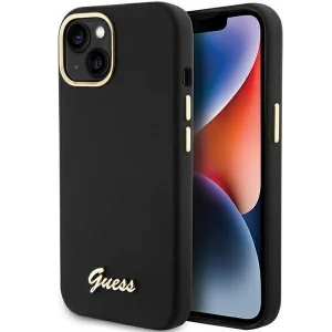 Guess Silicone Script Metal Logo & Frame case for iPhone 15 – black