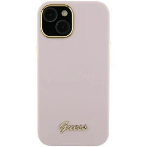 Guess Silicone Script Metal Logo & Frame case for iPhone 15 Pro Max – pink