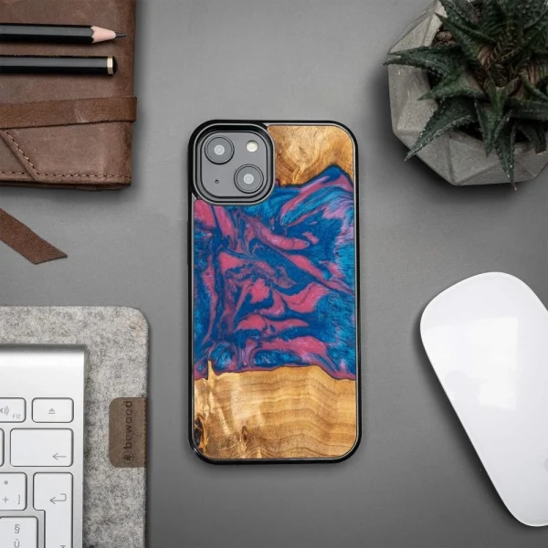 Bewood Unique Vegas wood and resin case for iPhone 14 Pro - pink and blue