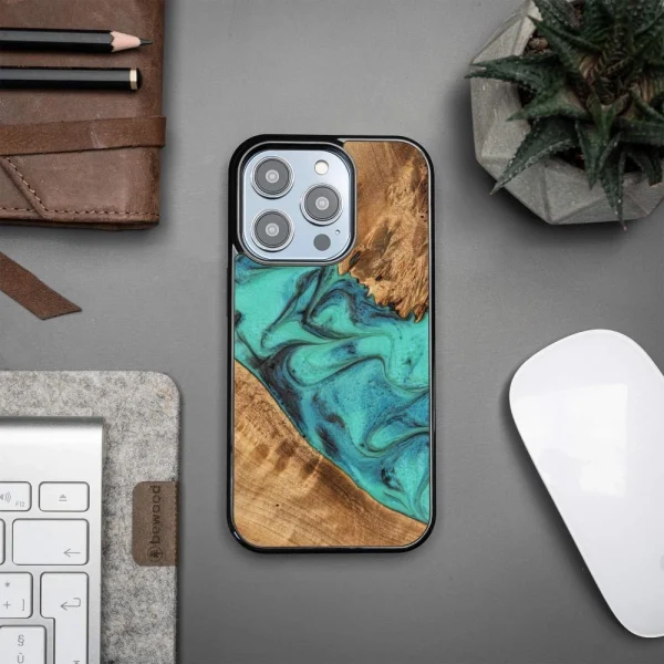 Bewood Unique Turquoise iPhone 14 Pro Wood and Resin Case - Turquoise Black