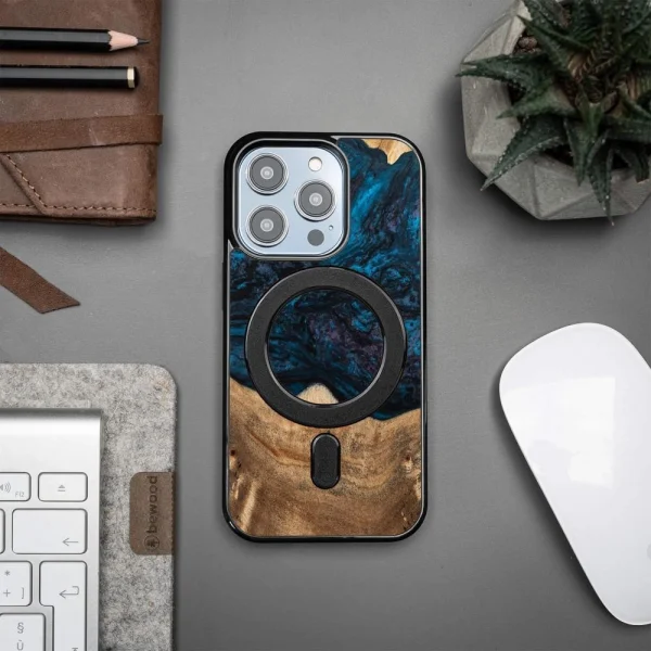 Wood and Resin Case for iPhone 14 Pro MagSafe Bewood Unique Neptune - Navy Blue and Black