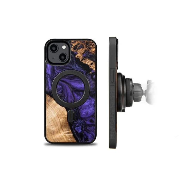 Wood and Resin Case for iPhone 14 MagSafe Bewood Unique Violet - Purple and Black