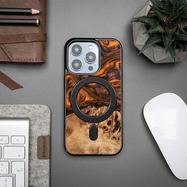 Wood and Resin Case for iPhone 14 Pro MagSafe Bewood Unique Orange - Orange and Black