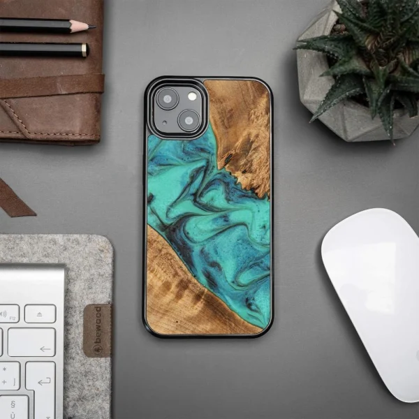 Bewood Unique Turquoise iPhone 13 Wood and Resin Case - Turquoise Black