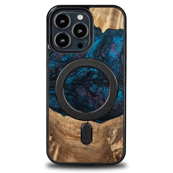 Wood and Resin Case for iPhone 13 Pro MagSafe Bewood Unique Neptune - Navy Blue and Black