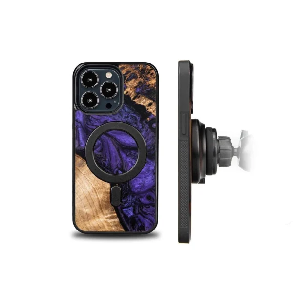 Wood and Resin Case for iPhone 13 Pro MagSafe Bewood Unique Violet - Purple and Black