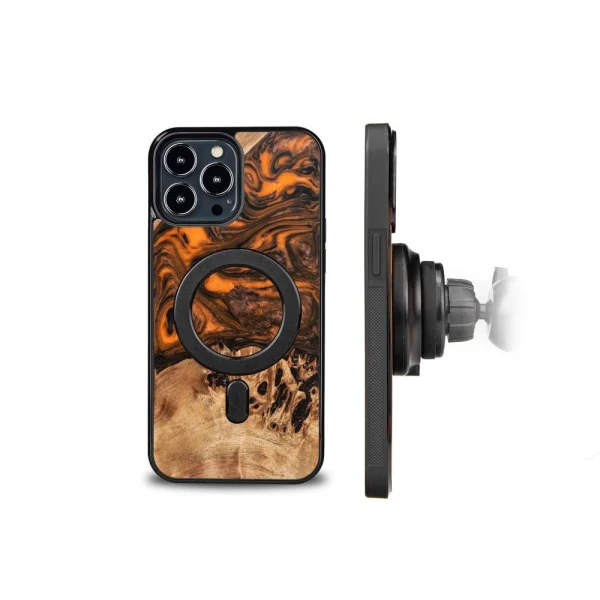 Wood and Resin Case for iPhone 13 Pro Max MagSafe Bewood Unique Orange - Orange and Black