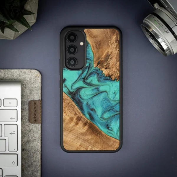 Wood and Resin Case for Samsung Galaxy A54 5G Bewood Unique Turquoise - Turquoise Black