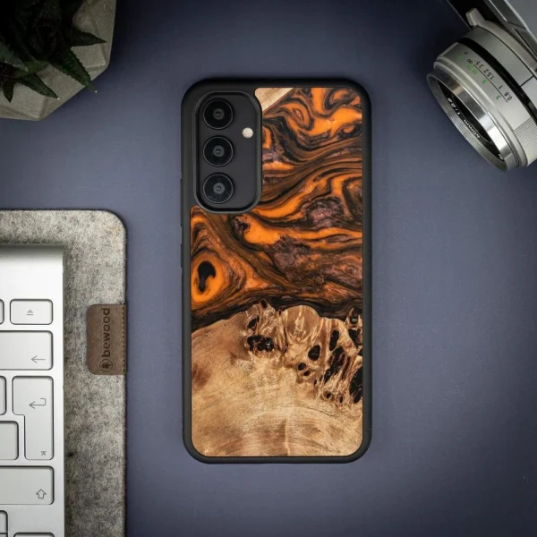 Wood and resin case for Samsung Galaxy A54 5G Bewood Unique Orange - orange and black