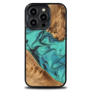 Bewood Unique Turquoise iPhone 14 Pro Wood and Resin Case – Turquoise Black