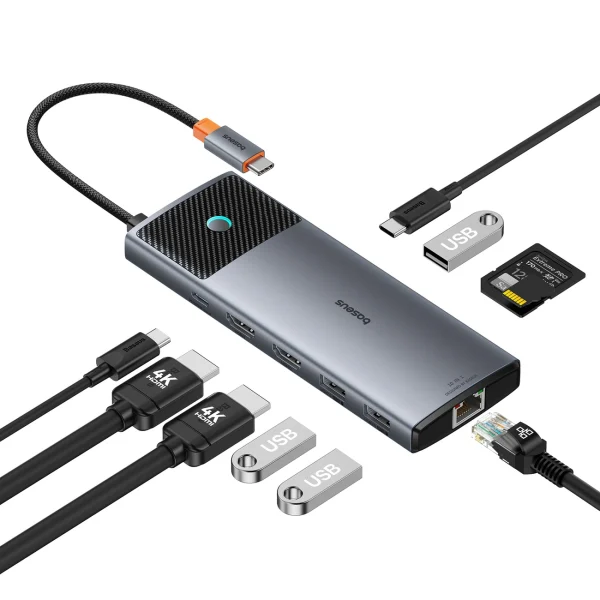 HUB 10in1 Baseus Metal Gleam Series II USB-C to HDMI 4K 120Hz / HDMI 4K 60Hz / USB-A 10Gb/s / 2xUSB-A 480Mb/s / USB-C 10Gb/s / RJ45 / SD / TF / USB-C PD – gray