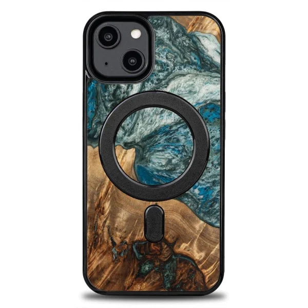 Wood and Resin Case for iPhone 14 MagSafe Bewood Unique Planet Earth – Blue-Green