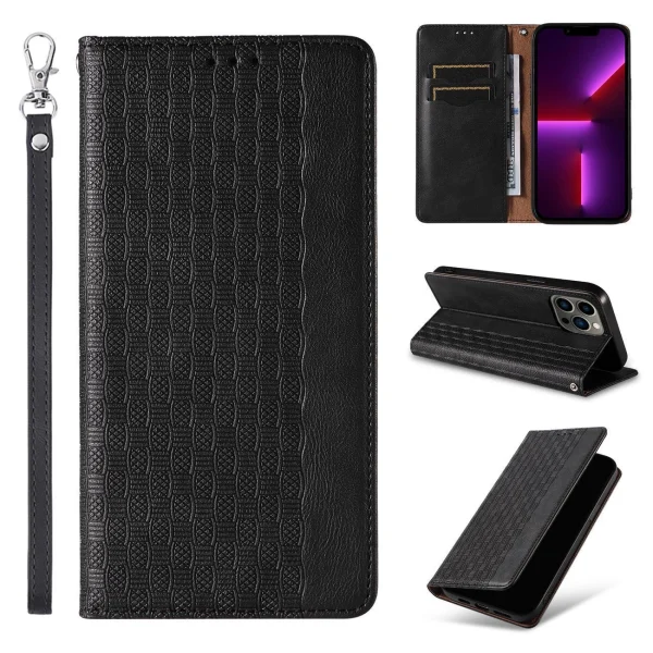 Magnet Strap Case for iPhone 14 Flip Wallet Mini Lanyard Stand Black