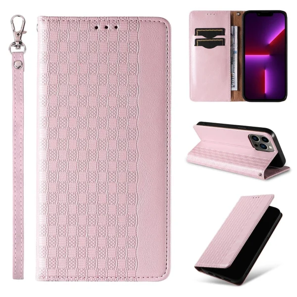 Magnet Strap Case iPhone 14 Case Flip Wallet Mini Lanyard Stand Pink