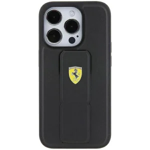 Ferrari Grip Stand Metal Logo case for iPhone 15 – black