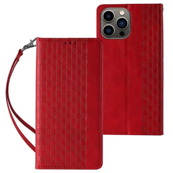 Magnet Strap Case iPhone 14 Plus Case with Flip Wallet Mini Lanyard Stand Red