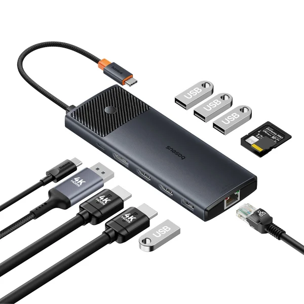 USB HUB 11in1 Baseus Metal Gleam Series II USB-A/USB-C PD/HDMI/DP/RJ45/SD/TF – black