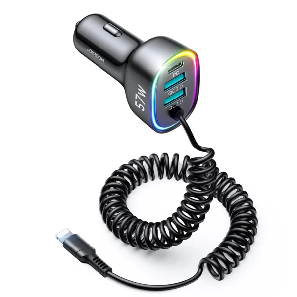 Joyroom fast car charger 4 in 1 PD, QC3.0, AFC, FCP with Lightning cable 1.6m 57W black (JR-CL20)