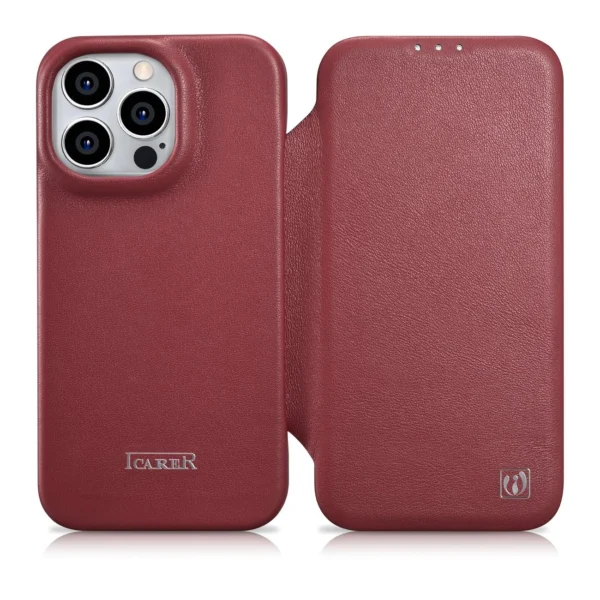 ICarer CE Premium Leather Folio Case iPhone 14 Pro Magnetic Flip Leather Folio Case MagSafe Red (WMI14220714-RD)