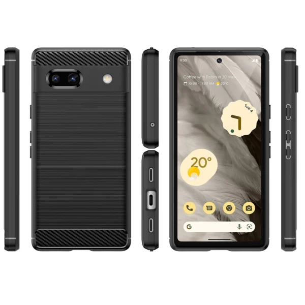 Carbon Case for Google Pixel 7a, flexible silicone carbon cover, black