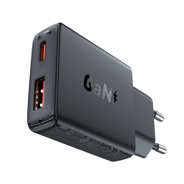 Acefast A69 PD 30W GaN USB-A USB-C wall charger - black