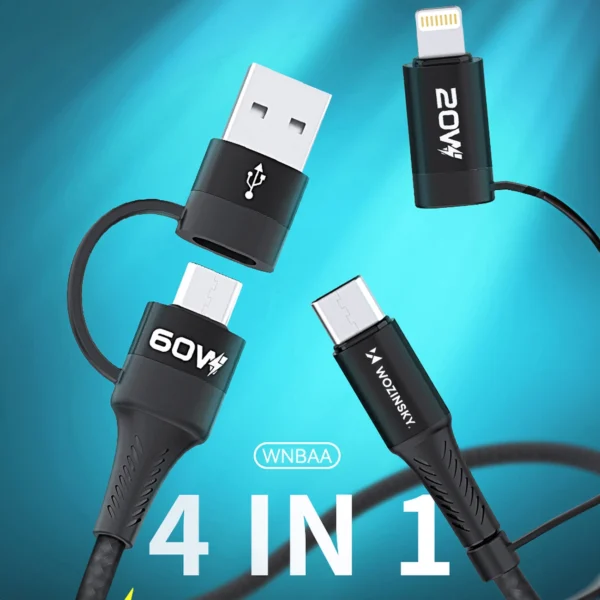 WNBAA 4in1 cable 2x USB-C 1x USB-A 1x Lightning 60W 1 m - black