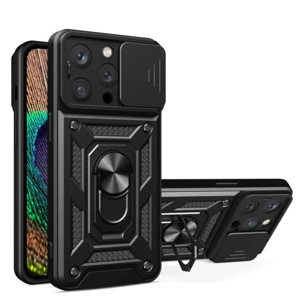 Armor Camshield Case with Stand and Camera Cover for iPhone 15 Pro Max Hybrid Armor Camshield – Black