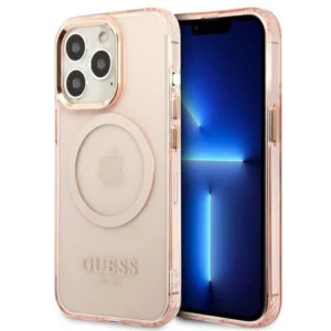 Guess Gold Outline Translucent MagSafe case for iPhone 13 Pro Max – pink