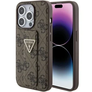 Guess Grip Stand 4G Triangle Strass case for iPhone 15 Pro – brown