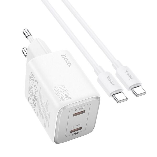 HOCO charger 2 x Type C + cable Type C to Type C PD QC 45W GaN N42 white